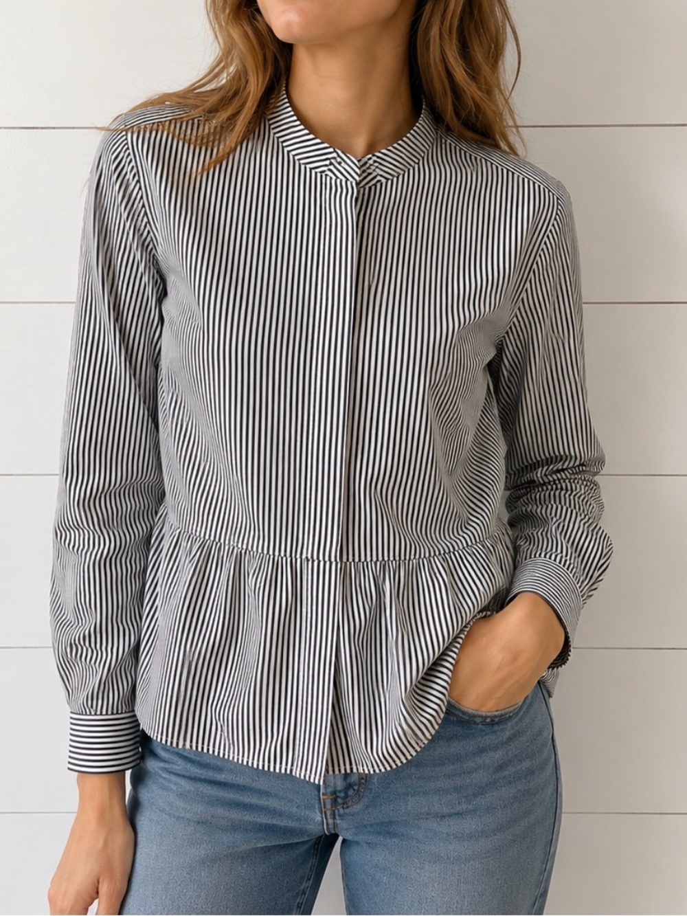 J Crew 4 striped peplum ruffle waist hidden button cotton button down workwear
